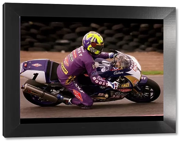 Motorcycle Racing August 1998 cyclist in purple Boost sponsored suit