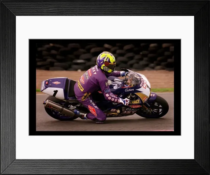 Framed Print : Motorcycle Racing August 1998 cyclist in purple Boost sponsored suit