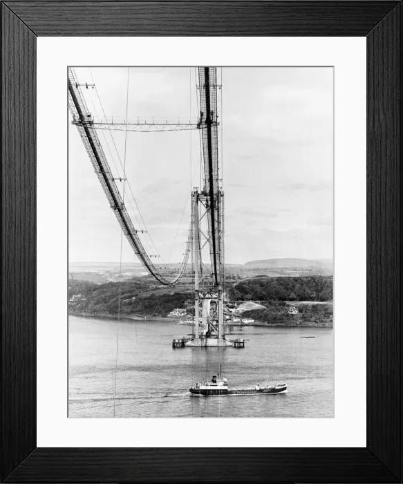 Framed Print : Forth Road Bridge construction June 1962 Wires across river catwalk ship passing Framed Print : Forth Road Bridge construction June 1962 Wires across river catwalk ship passing
