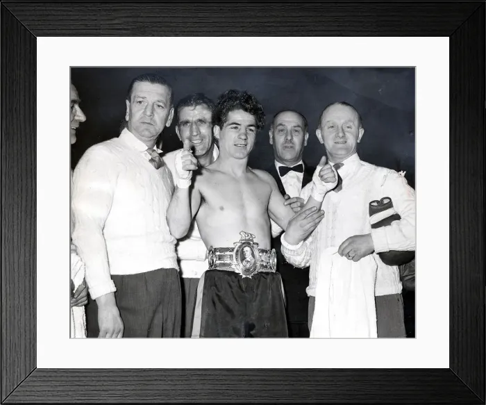 Framed Print : Peter Keenan, boxer, with Lonsdale belt. Firhill. 1957