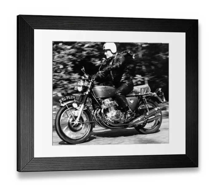 Framed Print : Dick Emery Dick Emery comedian on his Honda 750 four in 1976 Framed Print : Dick Emery Dick Emery comedian on his Honda 750 four in 1976
