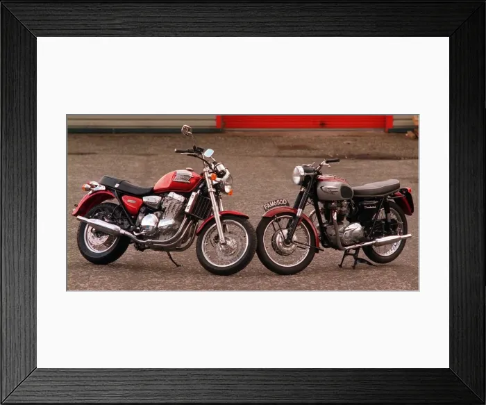 Framed Print : 1967 Triumph Thunderbird motor cycle with modern equivalent, June 1997 Framed Print : 1967 Triumph Thunderbird motor cycle with modern equivalent, June 1997