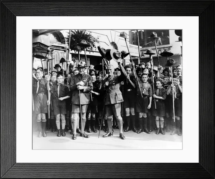 Framed Print : Lord Baden-Powell founder of the Boy Scouts Cubs with group of boys waving hats in Framed Print : Lord Baden-Powell founder of the Boy Scouts Cubs with group of boys waving hats in