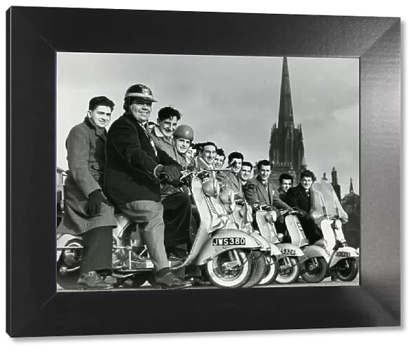Italian Vespa Club of Edinburgh February 1954 Lined up with their scooters