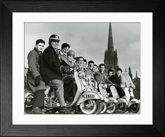 Framed Print : Italian Vespa Club of Edinburgh February 1954 Lined up with their scooters