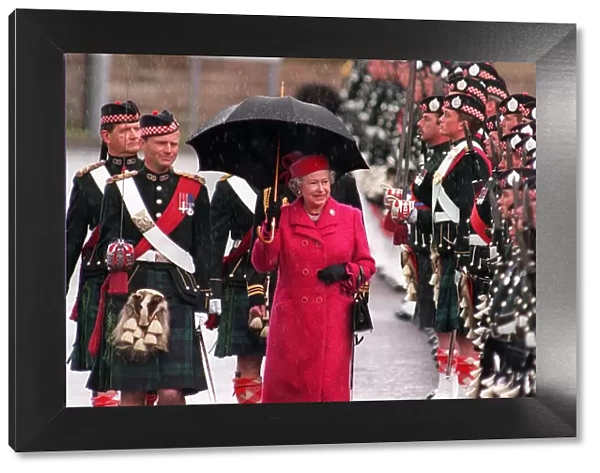HRH Queen Elizabeth II inspects guard at presentation of colours from Scottish soldiers