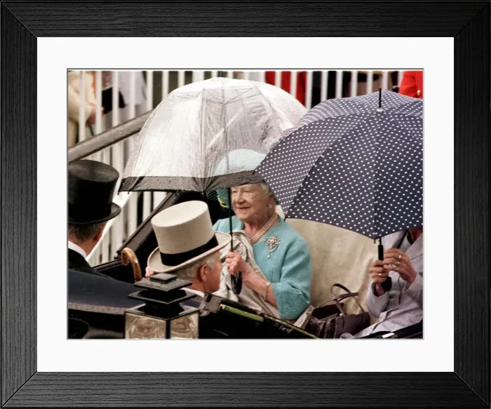 Framed Print : The Queen Mother protects herself from the rain as she arrives in a horse-drawn carriage Framed Print : The Queen Mother protects herself from the rain as she arrives in a horse-drawn carriage