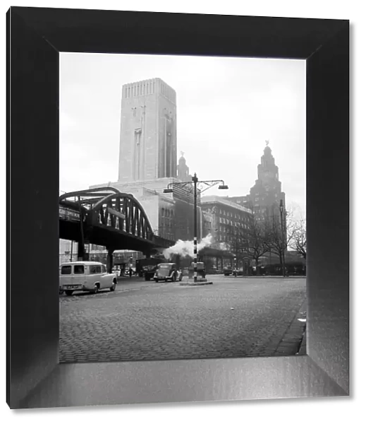 The Overhead Railway Bridge in Liverpool 1955 on the approach to the Liver Building