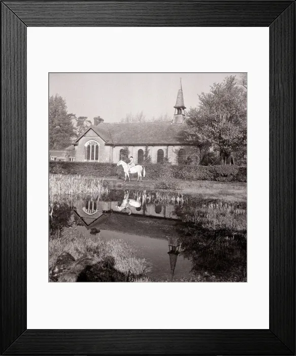 Framed Print : A small Methodist village church in Mill Hill Village London where a lady is out riding Framed Print : A small Methodist village church in Mill Hill Village London where a lady is out riding