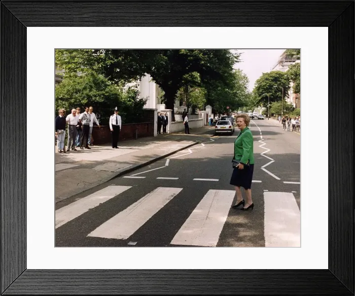 Framed Print : Margaret Thatcher walking across zebra crossing in Abbey Road made famous by the Beatles