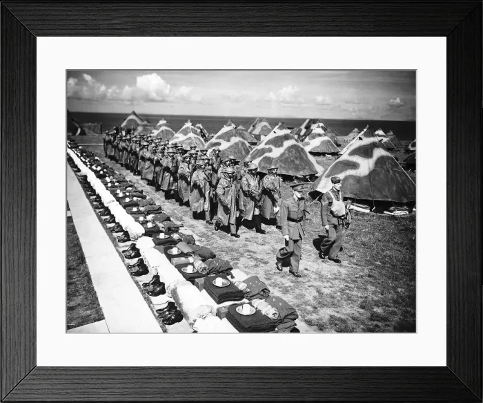 Framed Print : Royal Marines march through their camp in gas masks during training for WW2 - 1940