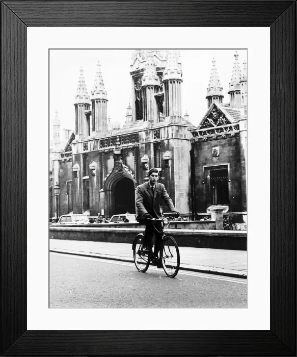 Framed Print : Prince Charles cycles past Kings College Cambridge Framed Print : Prince Charles cycles past Kings College Cambridge