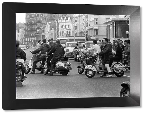 Mods gather on their scooters in Hasting 1964