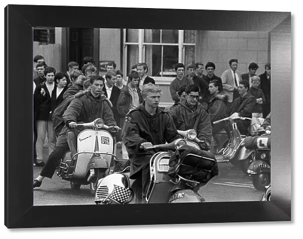 Mods gather in Hastings on their scooters 1964