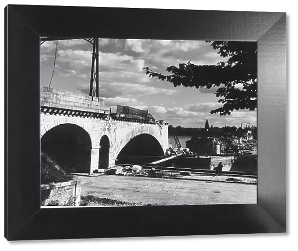 Railway bridge at Orleans (Loire) damaged in air raid. 10 of its 14 spans were