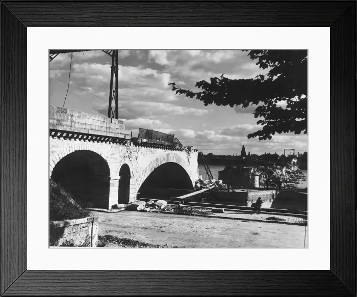 Framed Print : Railway bridge at Orleans (Loire) damaged in air raid. 10 of its 14 spans were Framed Print : Railway bridge at Orleans (Loire) damaged in air raid. 10 of its 14 spans were