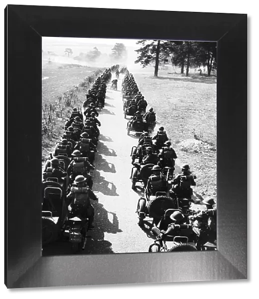 Northumberland Fusiliers Motorcycle Reconnaisance Unit ride motorbikes with sidecars in a