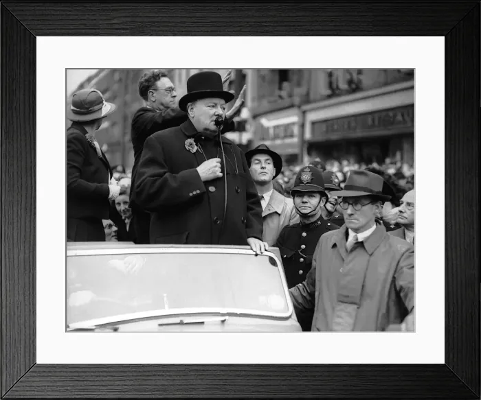 Framed Print : Winston Churchill giving election speech during the General Election campaign of 1945 Framed Print : Winston Churchill giving election speech during the General Election campaign of 1945