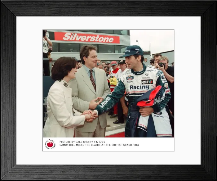 Framed Print : Damon Hill meets Tony Blair and his wife at the British Grand Prix at Silverstone