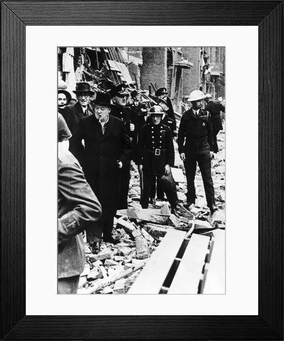 Framed Print : British Prime Minister Winston Churchill inspects the damage done by a flying bomb Framed Print : British Prime Minister Winston Churchill inspects the damage done by a flying bomb