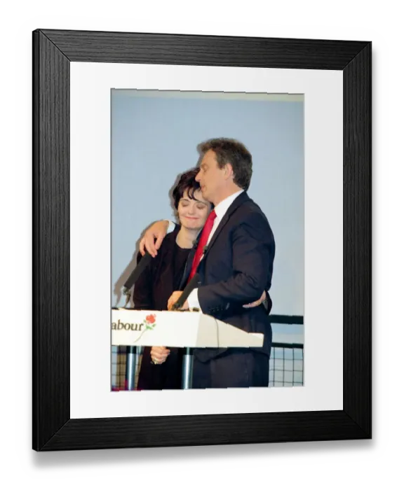 Framed Print : 1997 General Election Labour Victory party. Tony Blair and Cherie Blair on stage holding Framed Print : 1997 General Election Labour Victory party. Tony Blair and Cherie Blair on stage holding