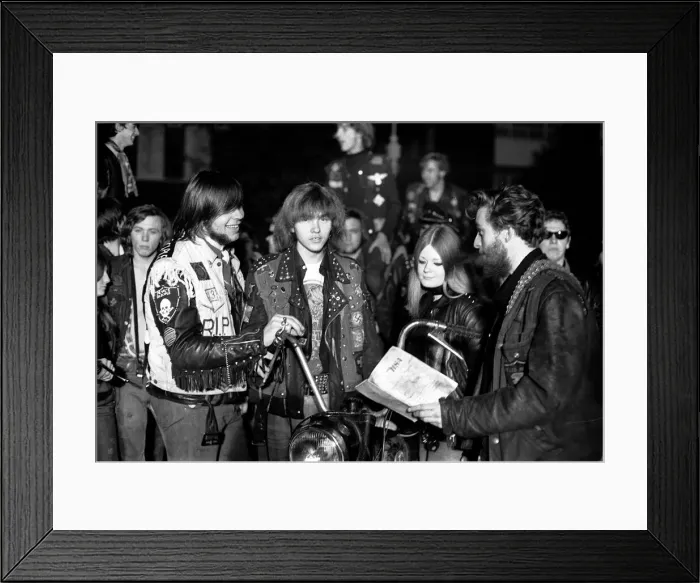 Framed Print : Hells Angels youth pose for a mock wedding by bikes 1969 Framed Print : Hells Angels youth pose for a mock wedding by bikes 1969