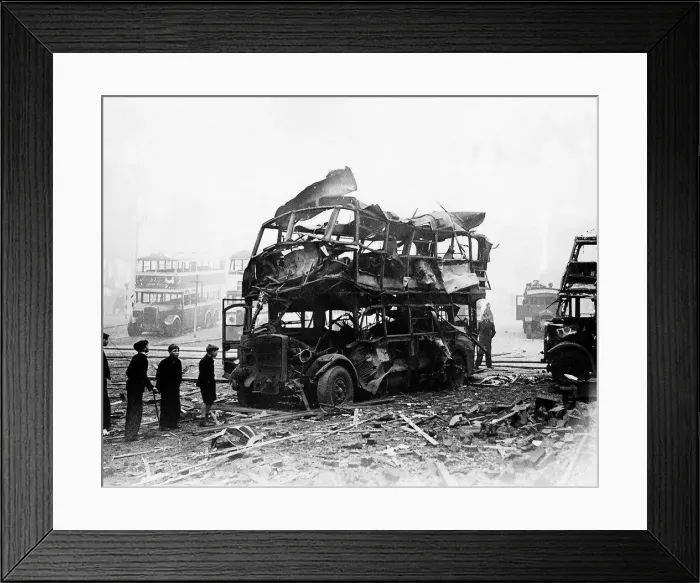 Framed Print : Double decker bus caught in the blast from a bomb during an air raid on Sheffield