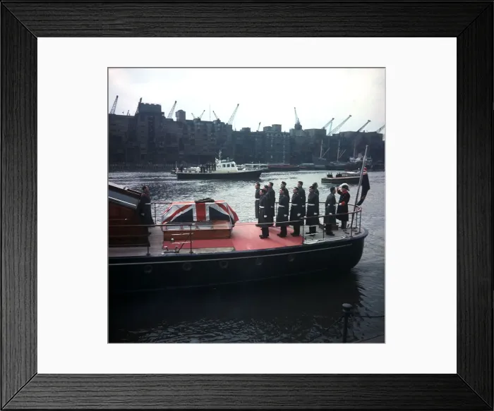 Framed Print : Winston Churchill coffin sails along River Thames 1965 during state funeral of Framed Print : Winston Churchill coffin sails along River Thames 1965 during state funeral of