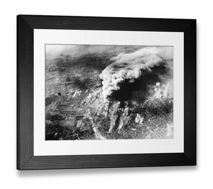 Framed Print : Smoke rises from the Messeshmitt Neupertritor ME 110 component plant at Brunswick Germany Framed Print : Smoke rises from the Messeshmitt Neupertritor ME 110 component plant at Brunswick Germany