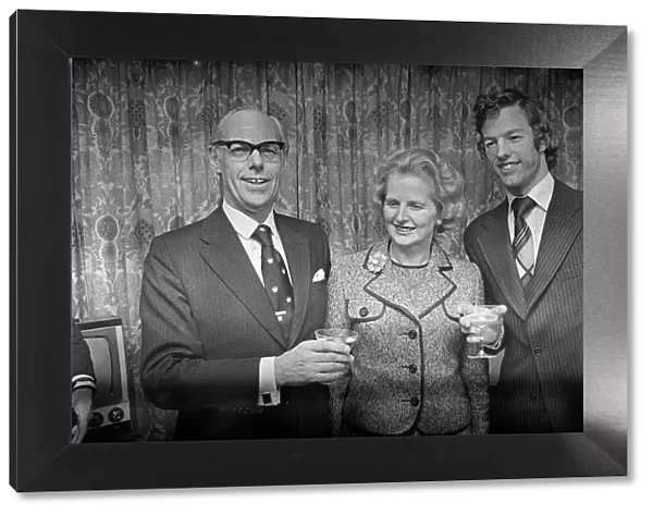 Margaret Thatcher with Denis Thatcher and son Mark Thatcher - February 1975