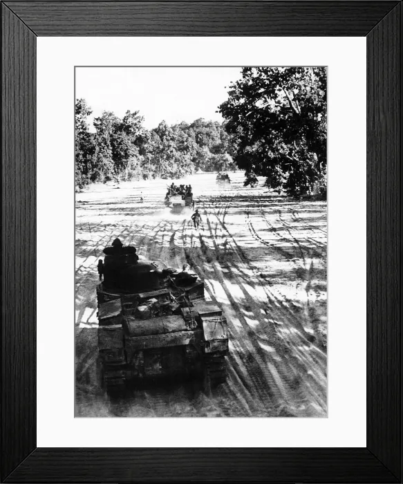 Framed Print : Sherman and Lee tanks make their way along the dried up river bed of the Sipadon Chaung Framed Print : Sherman and Lee tanks make their way along the dried up river bed of the Sipadon Chaung