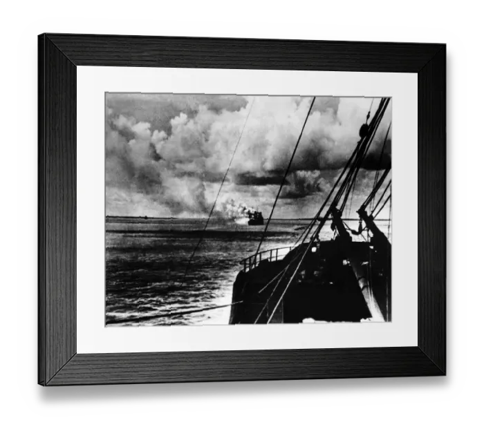 Framed Print : The United States army troop ship Meigs'blazing after being hit during a Framed Print : The United States army troop ship Meigs'blazing after being hit during a