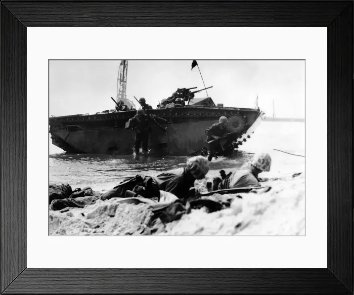 Framed Print : US Marines land from an amphibious assaultcraft during attack on a Japanese fortress Framed Print : US Marines land from an amphibious assaultcraft during attack on a Japanese fortress