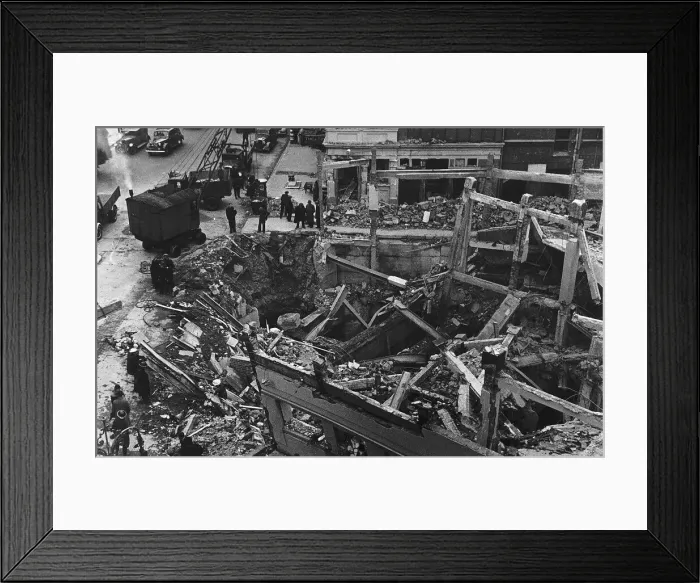 Framed Print : Workmen and rescue services work on the remains of Sloane Square Underground Station in Framed Print : Workmen and rescue services work on the remains of Sloane Square Underground Station in