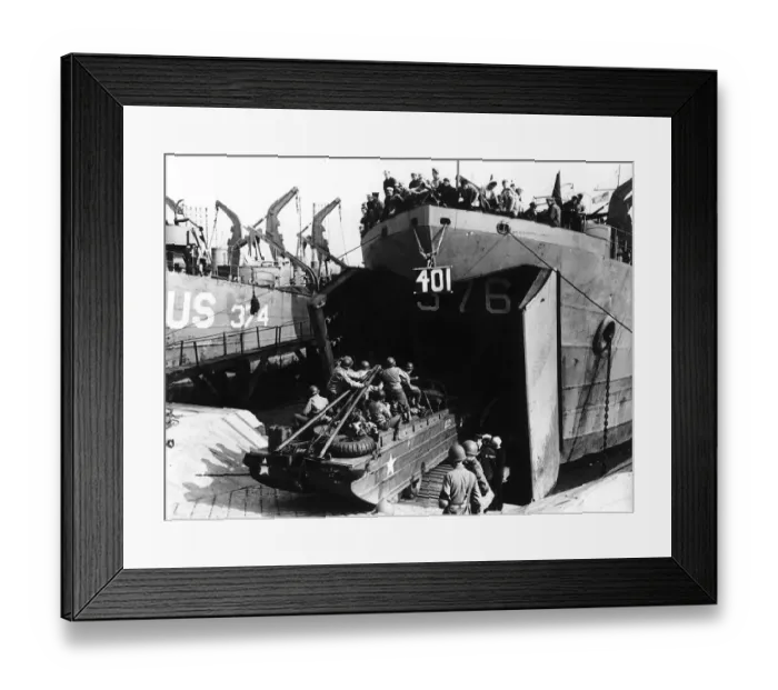Framed Print : American troops drive an amphibious vehicle aboard an invasion landing craft in Framed Print : American troops drive an amphibious vehicle aboard an invasion landing craft in