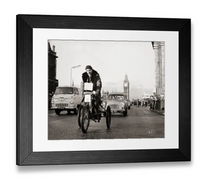 Framed Print : Transport: Tricycle 1966 London - Brighton vetran car race Big Ben, 1960s