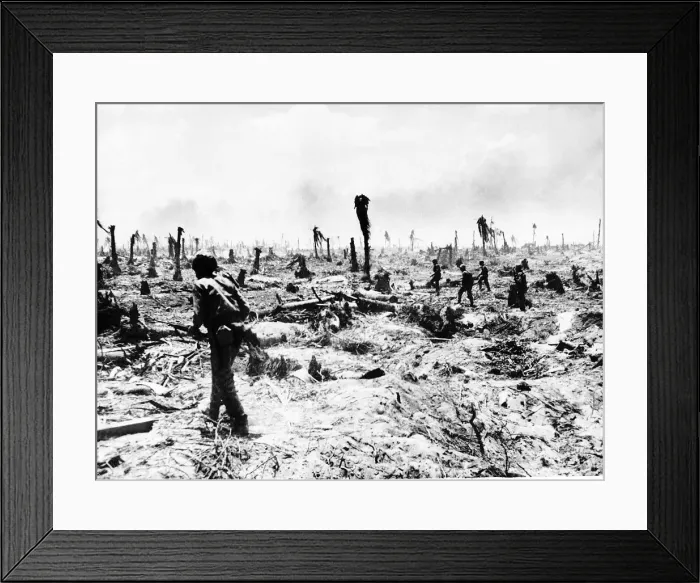 Framed Print : US Marines advance on Barry Island in the Marshall Islands in the wake of fleeing Framed Print : US Marines advance on Barry Island in the Marshall Islands in the wake of fleeing
