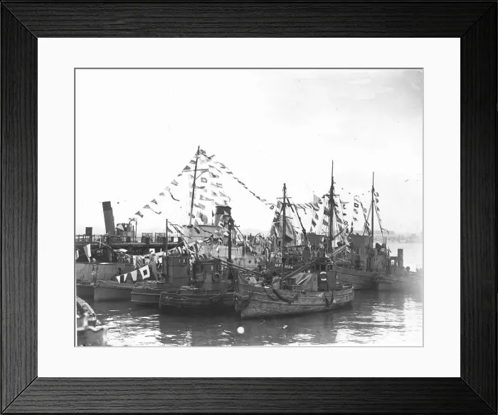 Framed Print : Boats in Southampton Docks decorated with flags at the end of WW2. 1945 Framed Print : Boats in Southampton Docks decorated with flags at the end of WW2. 1945