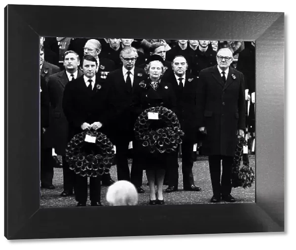 James Callaghan with Dr David Steel and Margaret Thatcher all holding wreaths during