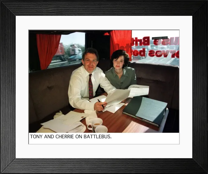 Framed Print : Labour leader Tony Blair with his wife Cherie on the Labour Partys battle bus. April 1997 Framed Print : Labour leader Tony Blair with his wife Cherie on the Labour Partys battle bus. April 1997
