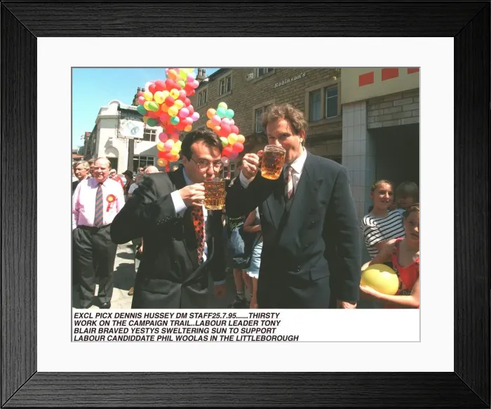 Framed Print : Tony Blair MP getting thirsty whilst working on the campaign trail Framed Print : Tony Blair MP getting thirsty whilst working on the campaign trail