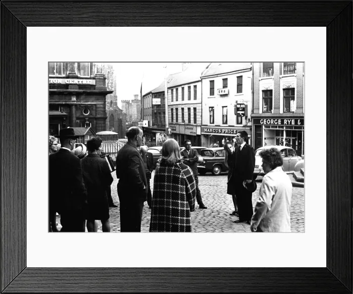 Framed Print : A crowd of people listen to a public speaker in Newcastles Bigg Market 13 July 1970