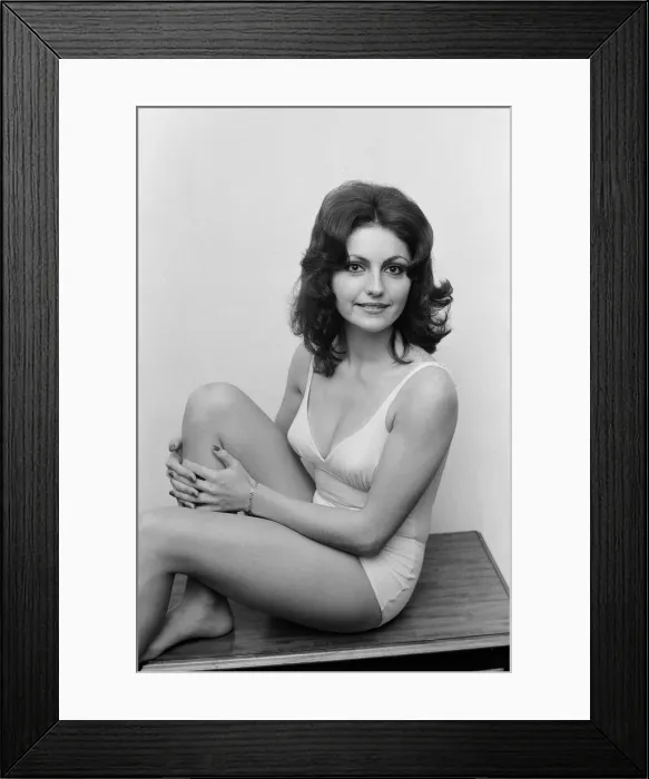 Framed Print : Miss World contestants pose wearing swimsuits. Pictured: Miss Belgium
