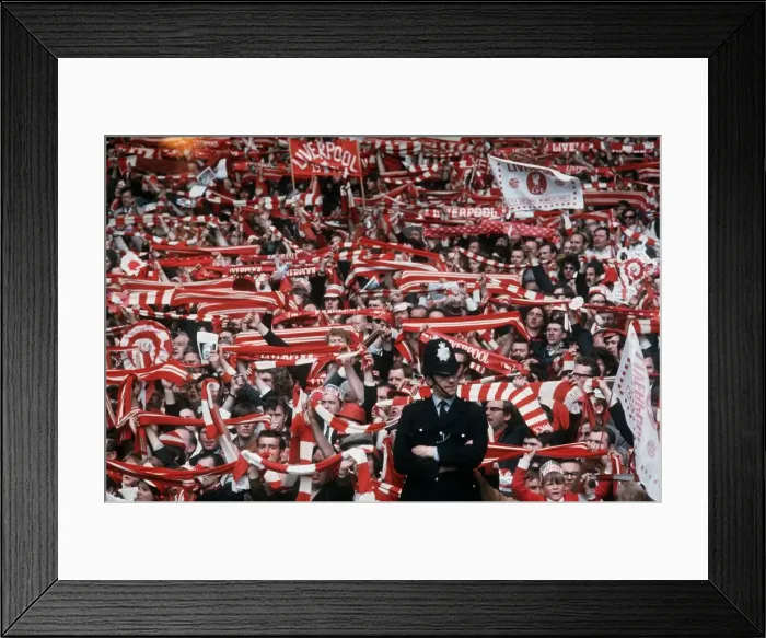 Framed Print : Liverpool fans FA Cup final 1971 Arsenal Liverpool football supporters waving scarves