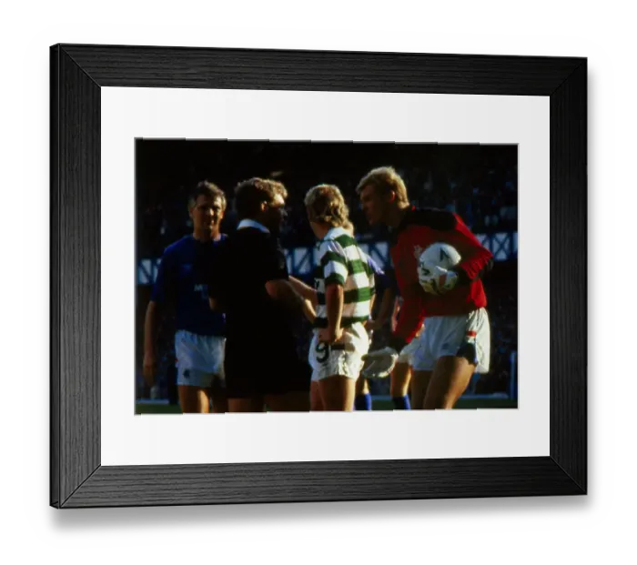 Framed Print : Referee talks to Celtic and Rangers players October 1987 Frank McAvennie Framed Print : Referee talks to Celtic and Rangers players October 1987 Frank McAvennie