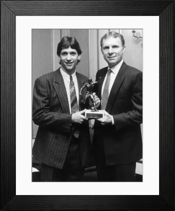 Framed Print : Gary Lineker receives his footballer of the year trophy drom Bobby Moore. 9th May 1986 Framed Print : Gary Lineker receives his footballer of the year trophy drom Bobby Moore. 9th May 1986