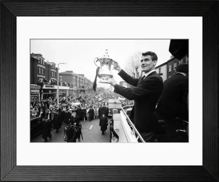 Framed Print : Tottenham Hotspur team hold the FA Cup trophy aloft from an open top double decker bus to Framed Print : Tottenham Hotspur team hold the FA Cup trophy aloft from an open top double decker bus to