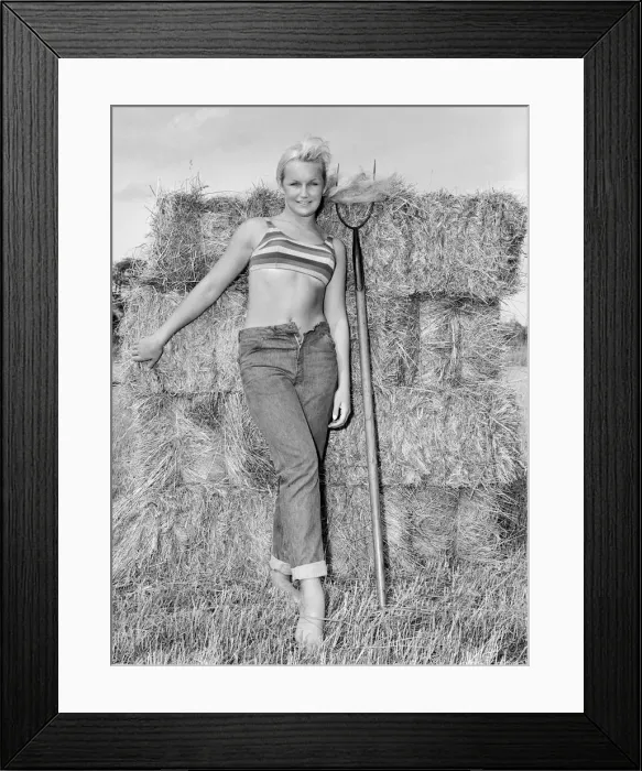 Framed Print : Woman modelling beachwear in a field during harvest Framed Print : Woman modelling beachwear in a field during harvest