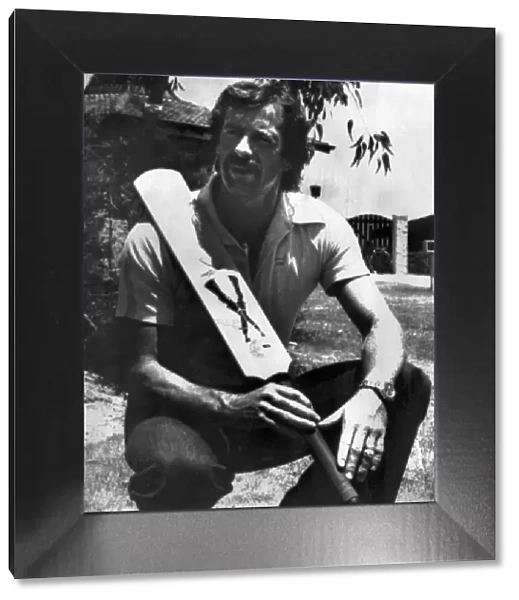 Australian cricketer Dennis Lillee with his aluminium bat which was banned after he used