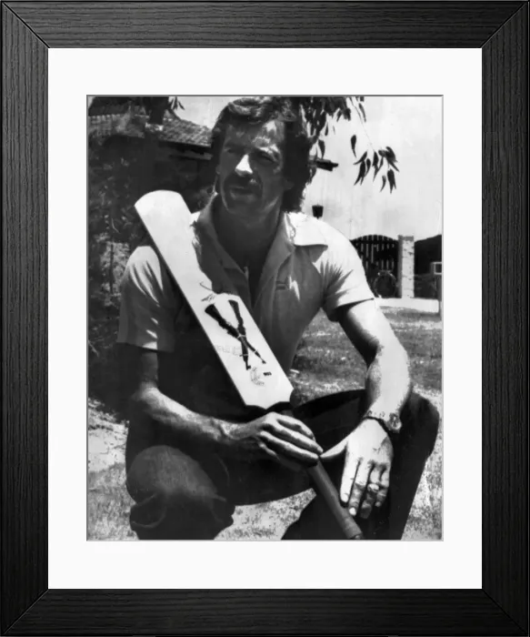 Framed Print : Australian cricketer Dennis Lillee with his aluminium bat which was banned after he used Framed Print : Australian cricketer Dennis Lillee with his aluminium bat which was banned after he used